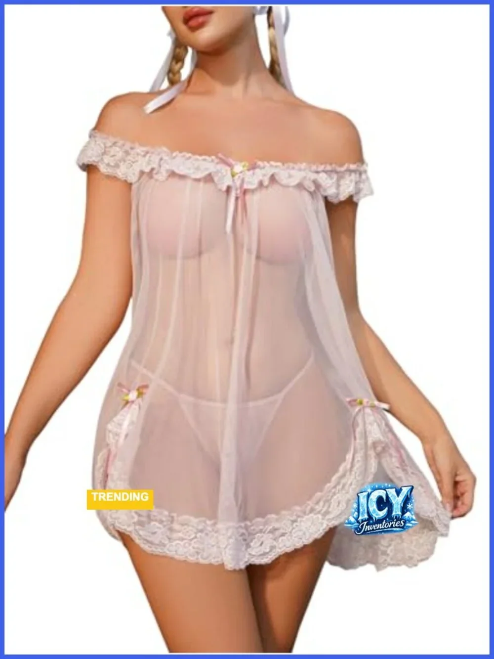 Sheer Lace Babydoll Dress & Thong Lingerie Set 2pc